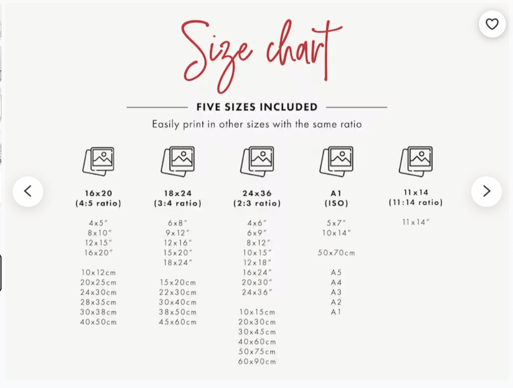 Add a size chart image to sell printables on Etsy